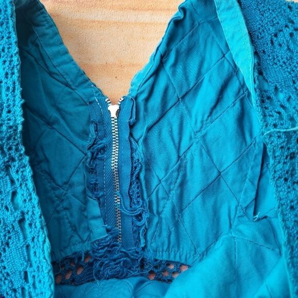 Vintage Turquoise Mexican Bell Sleeve Crochet Trim Maxi Boho Dress XS/S - Picture 6 of 7